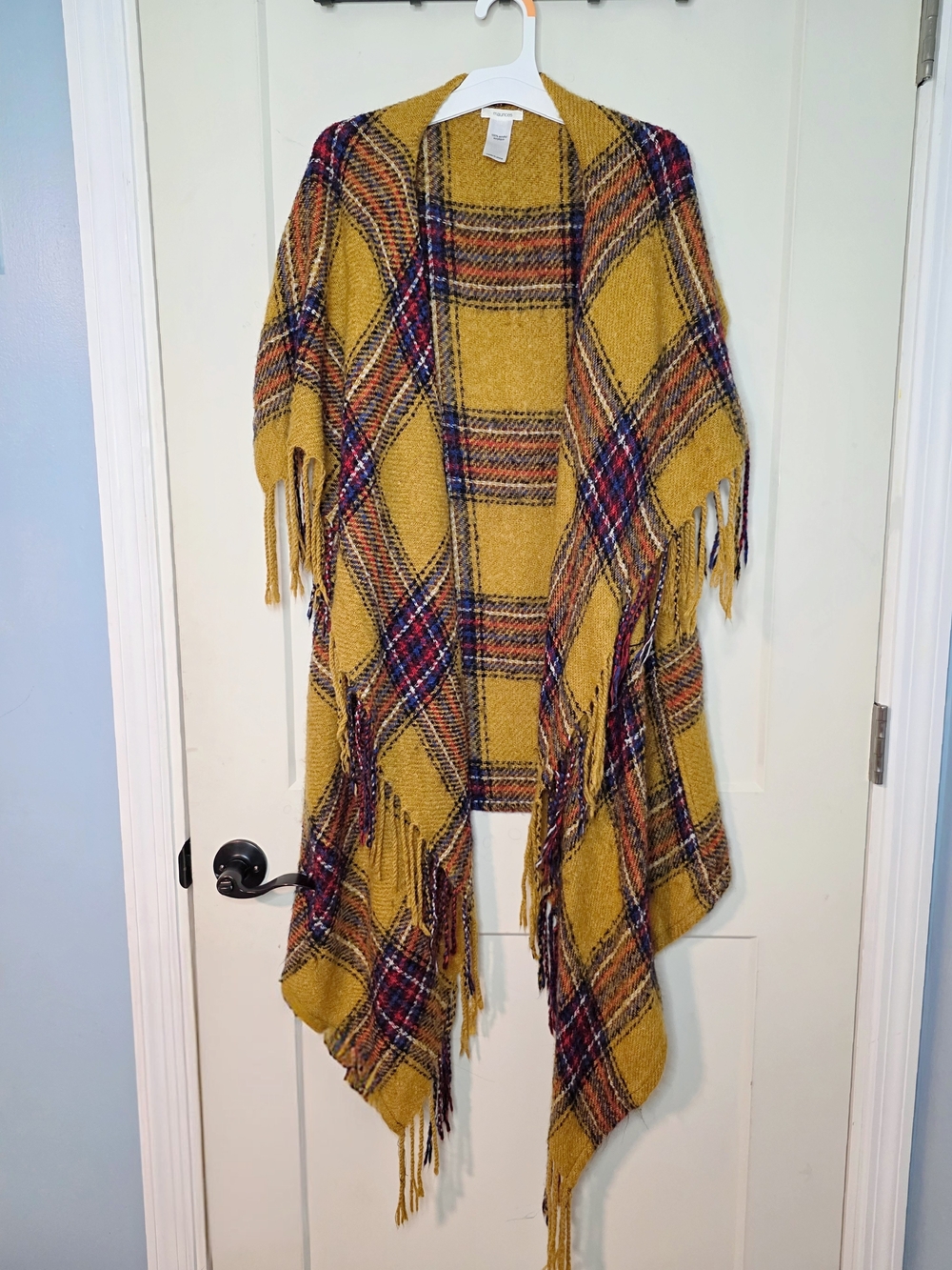 Maurices - Mustard Plaid Fringe Open-Front Cardigan Vest